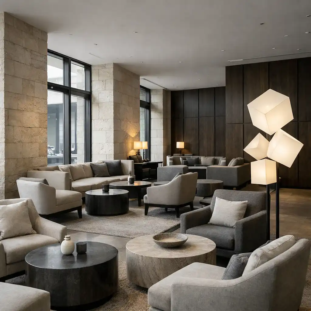 Lobby lounge with lounge chairs, low tables, stone walls, and large windows