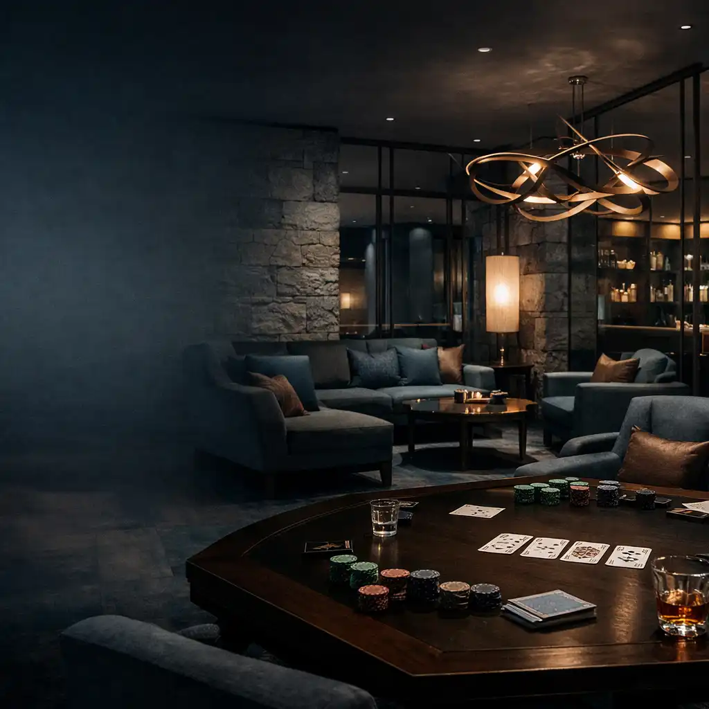 A refined hotel card lounge interior at night with dark timber tables, comfortable seating, and warm sculptural lighting.