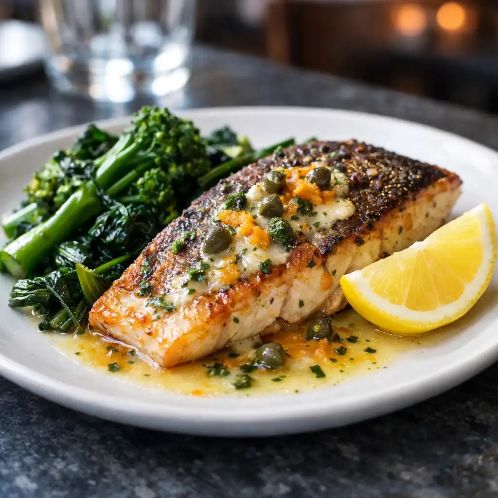 Pan-seared snapper with citrus butter and seasonal greens on a dark stone table