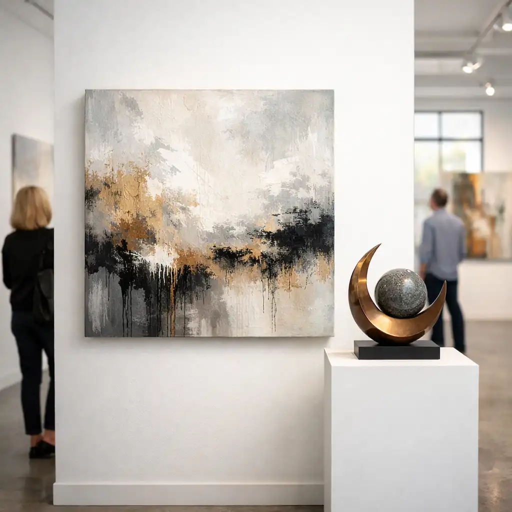 Contemporary art gallery interior with white walls and abstract artworks