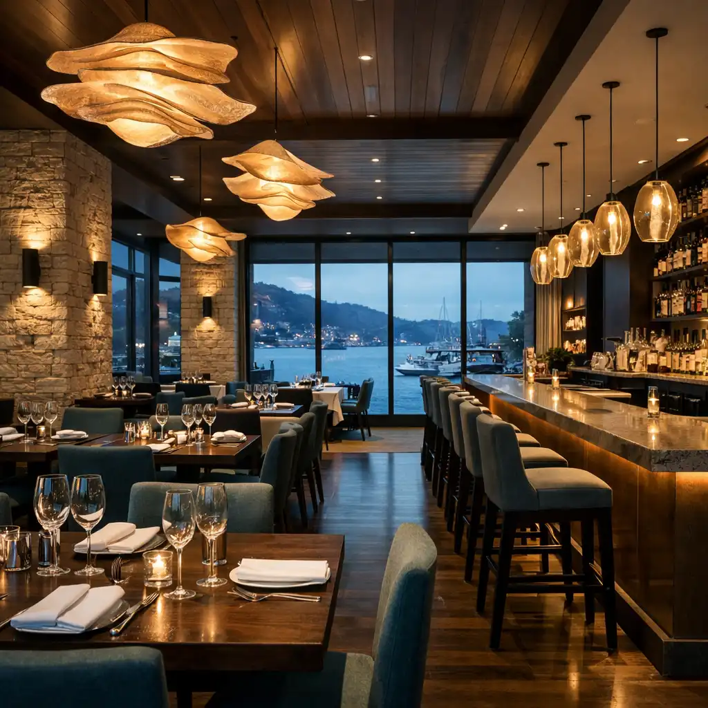 Interior of a coastal restaurant and bar with dark timber tables, stone walls, and large windows overlooking a harbour