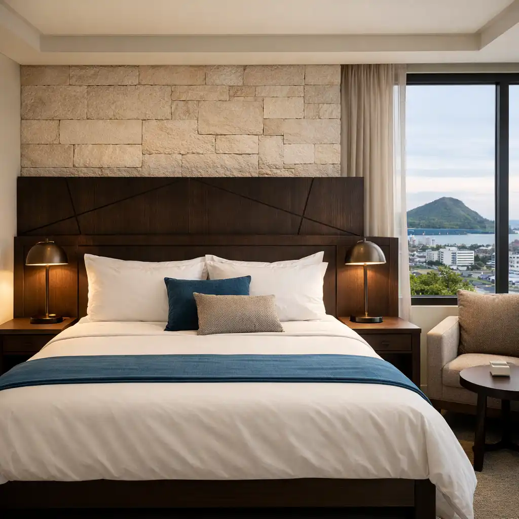 Clarion Haven bedroom with king bed, dark timber headboard, and stone feature wall