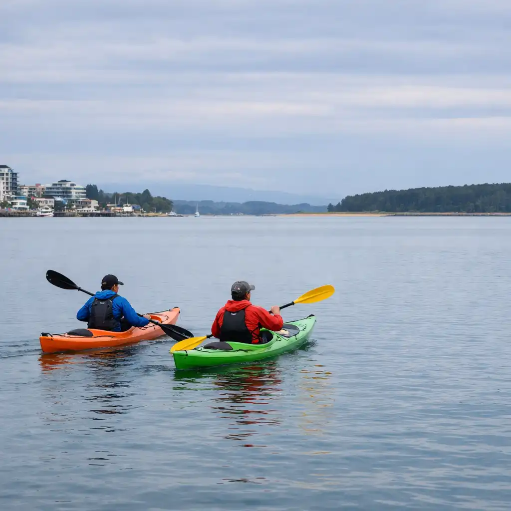 Two people kayaking on calm Tauranga harbour water