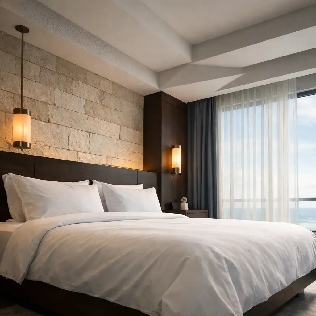 Contemporary hotel room with geometric architecture, stone accent wall, dark timber headboard, and soft coastal light